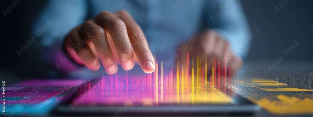 Poster engaging with digital data through touchscreen technology in a modern workspace during nighttime hou