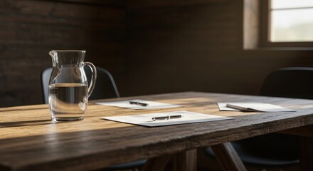 Conference table Water pitcher papers pens