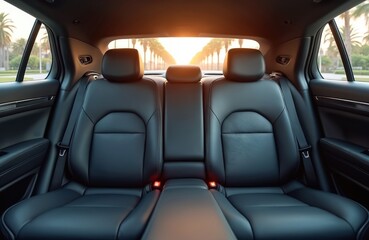 Empty black leather car backseat interior with palm trees view from window. Safe seatbelts. Comfort, luxury auto trip. Travel sedan vehicle, modern transport. Sun rays through the window.