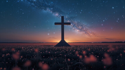 Majestic huge cross standing under the light of the stars at night