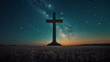 Majestic huge cross standing under the light of the stars at night