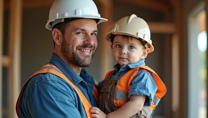 Happy father holds little son wearing construction worker uniforms, hard hats at construction site. Smiling man, baby boy, fatherhood, childhood fun, playing together, construction concept.