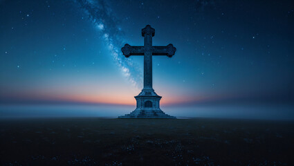Majestic huge cross standing under the light of the stars at night