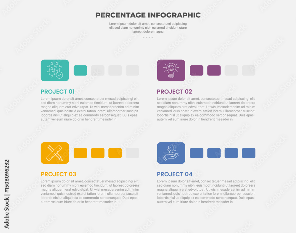Poster percentage or percent infographic outline style with 4 point template with round rectangle show prog