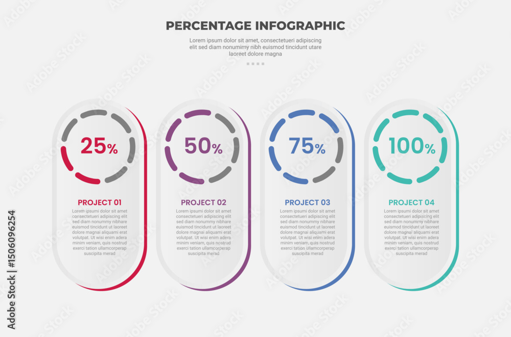 Poster percentage or percent infographic outline style with 4 point template with vertical standing round r