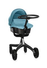 Baby carriage. Modern pram with light blue canopy isolated on white