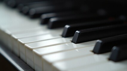 Isometric close-up of a modern piano with detailed keys, wood texture, soft lighting, and minimalist background. Elegant, clean, and high-resolution aesthetic. 