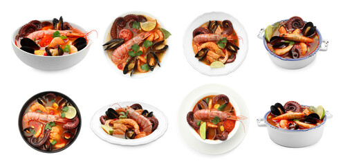 Delicious seafood soup in bowls isolated on white, collage. Top and side view