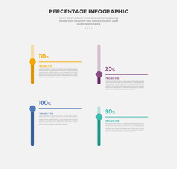 percentage or percent infographic outline style with 4 point template with small circle on standing vertical line for slide presentation