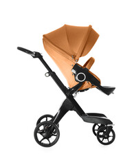 Baby carriage. Modern pram with orange canopy isolated on white