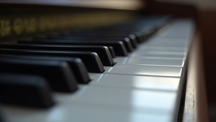 Isometric close-up of a modern piano with detailed keys, wood texture, soft lighting, and minimalist background. Elegant, clean, and high-resolution aesthetic. 