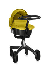 Baby carriage. Modern pram with yellow canopy isolated on white