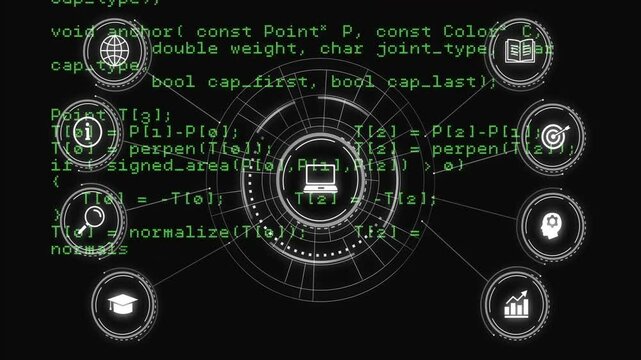 Scrolling green C++ code initiating HUD emergence, rotating rings, illuminating icons for HTTP call
