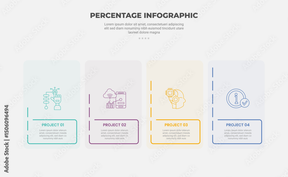 Poster percentage or percent infographic outline style with 4 point template with round box container with 