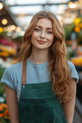 Smiling European woman with long wavy red hair, wearing a green apron and light blue shirt in a vibrant market. Cheerful and fresh atmosphere, perfect for urban lifestyle visuals.