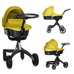 Baby carriage. Modern pram with yellow canopy isolated on white, different sides