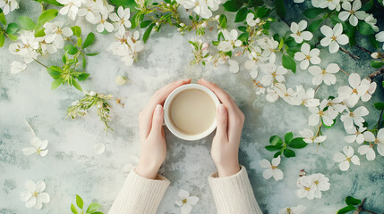 Hands holding a cup of tea surrounded by white spring blossoms and green leaves. Calm and cozy atmosphere for a fresh start or wellness vibe.