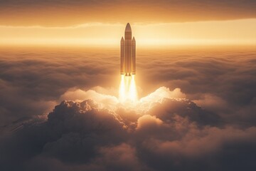 Rocket launching into the sky, surrounded by clouds, with bright flames and smoke billowing from the engines, symbolizing innovation and exploration in aerospace technology