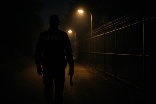 Silhouette of security guard walking at night along fenced perimeter under street lights. Dimly lit path and foggy environment. Concept of night patrol, surveillance, and security duty