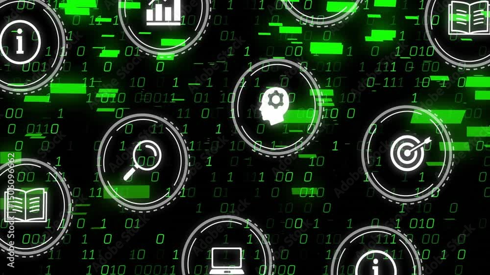 Poster binary code initiating sliding icons shifting grid fading, glitch bars sweeping forming matrix