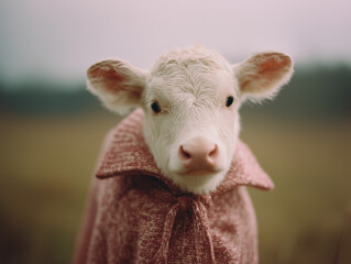 cute calf wearing clothing farm animal silly pet portrait sweater pasture rural lifestyle