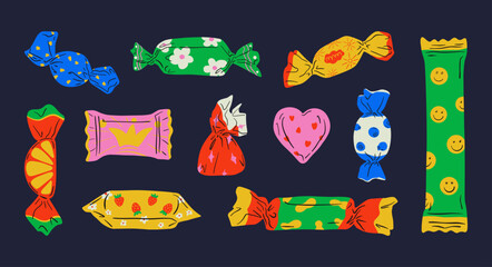 Various cartoon candy set. Abstract flat chocolate candies, colorful wrapped toffee bonbon icons for logo design, modern dessert elements. Vector sweets collection