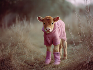 cute calf wearing clothing farm animal silly pet portrait sweater pasture rural lifestyle