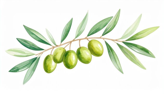 watercolor painting of olive branch with green olives and leaves botanical illustration for design