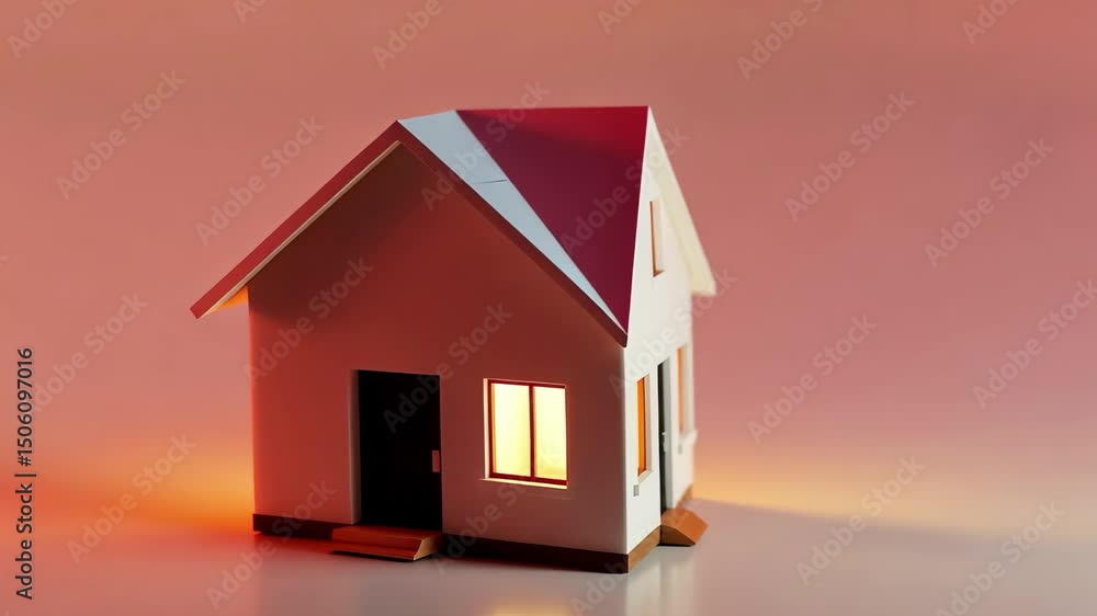 Poster miniature house model illuminated with warm light against a gradient background, showcasing architec