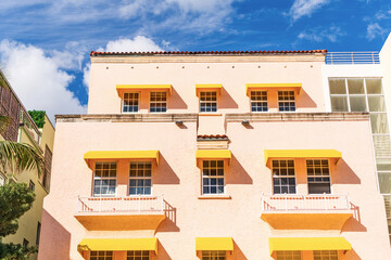 Miami South Beach in Ocean Drive. Art Deco building architecture. Architectural building. Art deco architectural district. Art Deco. Modern building of Miami beach. Famous street. Ocean drive