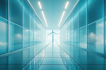 Fototapeta premium Modern corridor with sleek glass walls and reflective floor leading to a wind turbine, showcasing sustainable energy and innovative architectural design in a bright environment