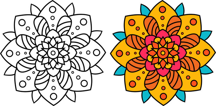 Mandala Flower Coloring Page & Colored Design | Printable Art