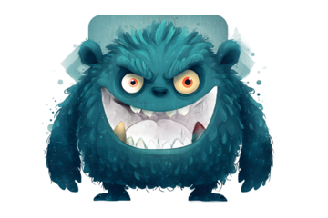 Ferocious Teal Furry Monster with Glaring Eyes and Sharp Teeth
