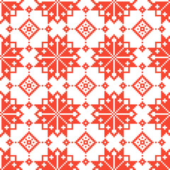 Repeating seamless pattern with slavic symbols of human and labor. Flat style in red and white traditional colors.