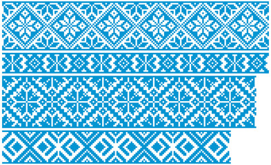 Seamless ribbons, belts for embroidery. Belarusian and Ukrainian patterns for cross stitching. Pixel factory boho pattern for decorating clothes, bags, accessories. Traditional seamless pattern