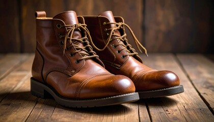 vintage brown leather boots on rustic wooden surface