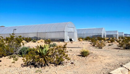 desert greenhouses in arid landscape with clear sky and succulents concept