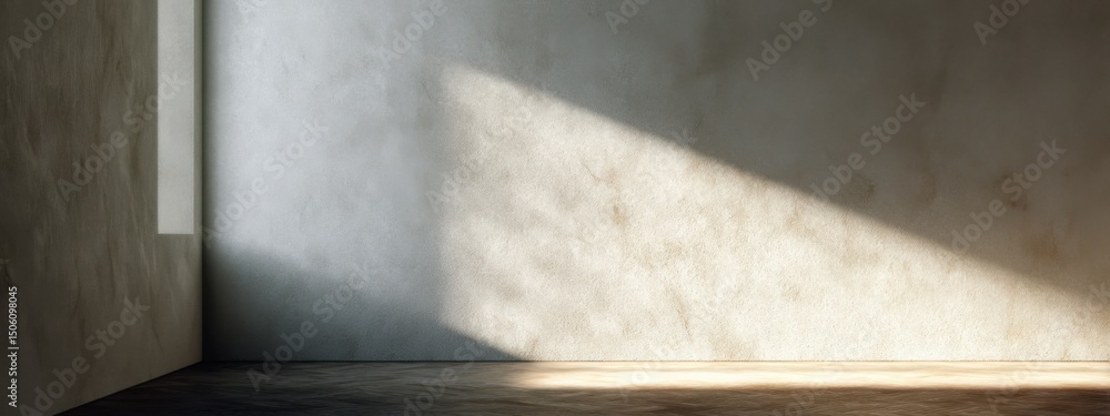 Poster soft light casts shadows on an empty minimalist room with textured walls and a simple floor