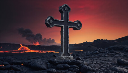 Metallic cross standing near lava coming from a volcano