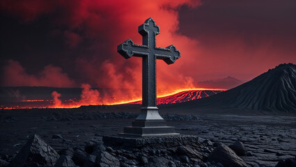 Metallic cross standing near lava coming from a volcano