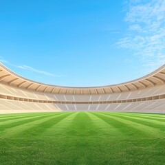 Modern stadium interior with green grass field and blue sky, ideal for sports events and recreational activities