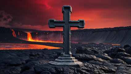 Metallic cross standing near lava coming from a volcano