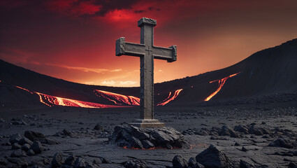 Metallic cross standing near lava coming from a volcano