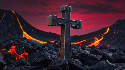 Metallic cross standing near lava coming from a volcano
