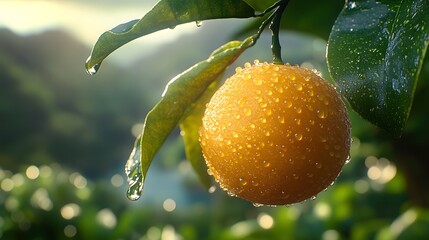 A Vibrant Hyper-Realistic Depiction of Bitter Orange (Citrus x aurantium) Amid the Lush, Sunlit Tropical Landscapes of Mahe Island in Seychelles, Africa