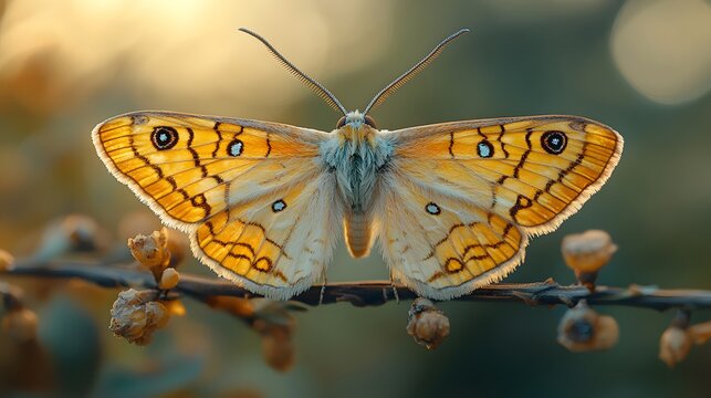 Hyper-Realistic Detailed Illustration of a Buff Tip Moth Perched on a Slender Twig in Serene Morning Light
