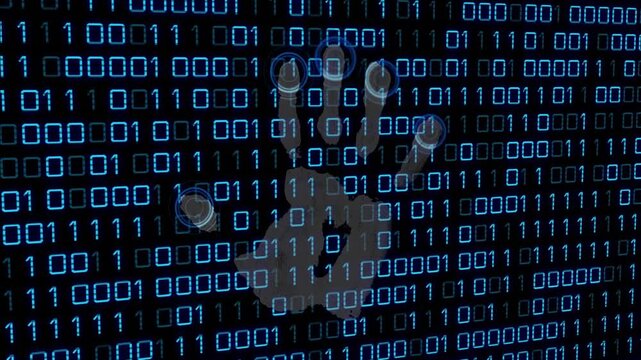 Scrolling blue binary code causing grey handprint fading sharpening icons pulsing for finger scan
