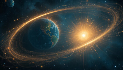 Twin suns pirouetting in a stellar ballet, flaring golden arcs across sapphire planetary skies