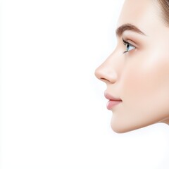 Fototapeta premium Elegant Side Profile of a Woman with Smooth Skin and Subtle Makeup Against a White Background