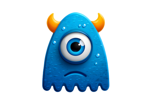 Sad Blue One Eyed Monster with Orange Horns and Water Droplets